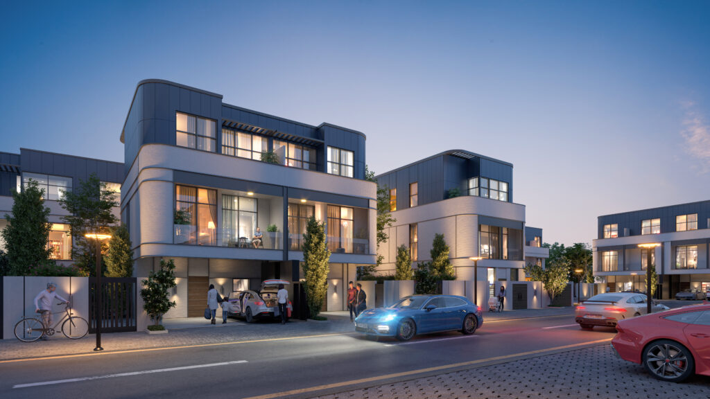 Night view of a contemporary townhouse