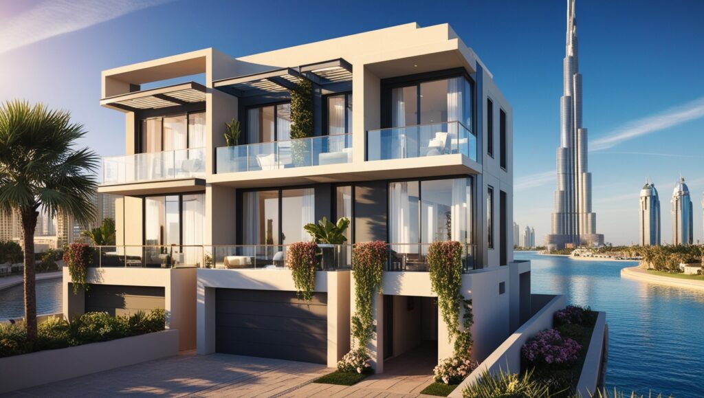 A modern villa in Dubai overlooking the waterfront, showcasing luxury living at Dubai Creek Harbour Townhouses.