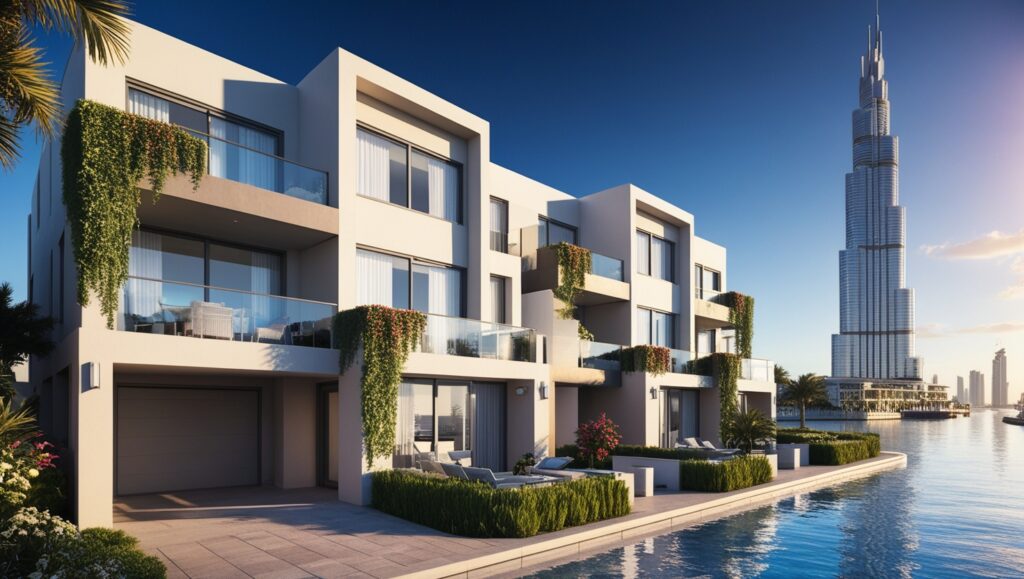 Modern apartment building in Dubai, showcasing sleek architecture and vibrant urban living near Dubai Creek Harbour Townhouses.