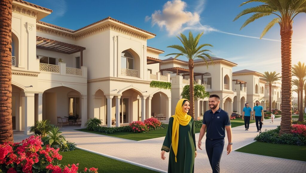 A couple enjoys a leisurely walk in a villa courtyard, showcasing the luxury of Dubai Hills Estate Townhouses.