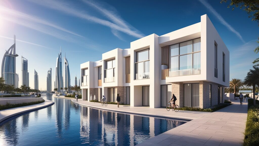 A modern townhouse showcasing contemporary architecture and luxurious design, ideal for potential buyers in Dubai Creek Harbour.